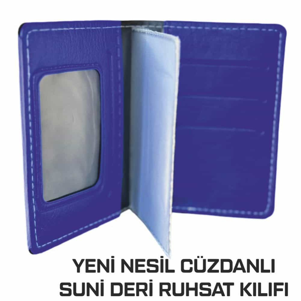 Yeni Nesil Cüzdanlı Ruhsat Kılıfı (Kimlik, Kredi Kartlı Deri) Mavi